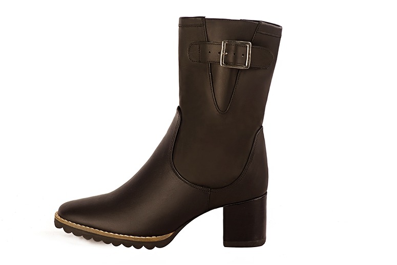 Dark brown women's ankle boots with buckles on the sides. Round toe. Medium block heels. Profile view - Florence KOOIJMAN